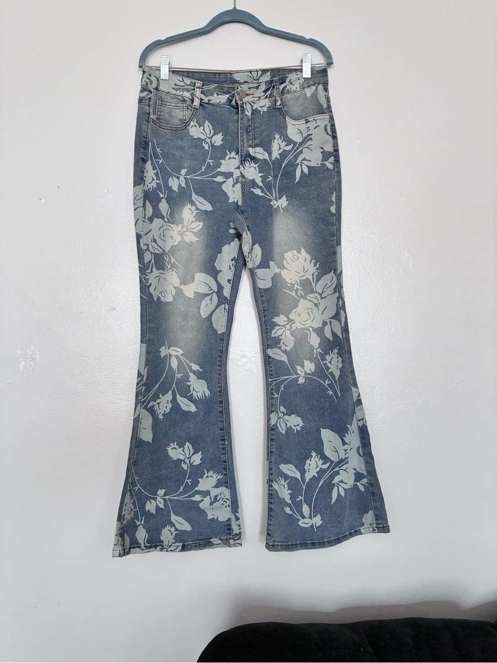 Blue Floral Wide-Leg Flare Jeans